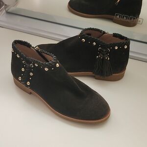 Kate spade suede leather ankle booties boots shoes studs fringe braided tassels